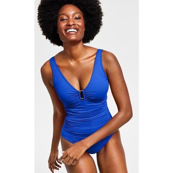 Lauren Ralph Lauren Blue Ruched Plunge V-Neck One Piece Swimsuit Size 6 - Picture 1 of 13
